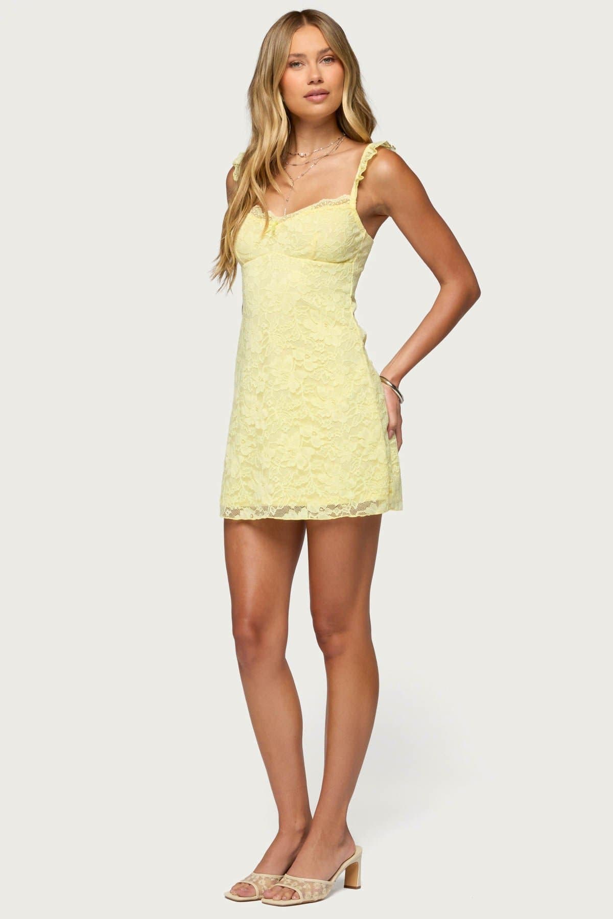 Stephanie Lace Mini Dress with Adjustable Ruffle Straps, Nylon Spandex