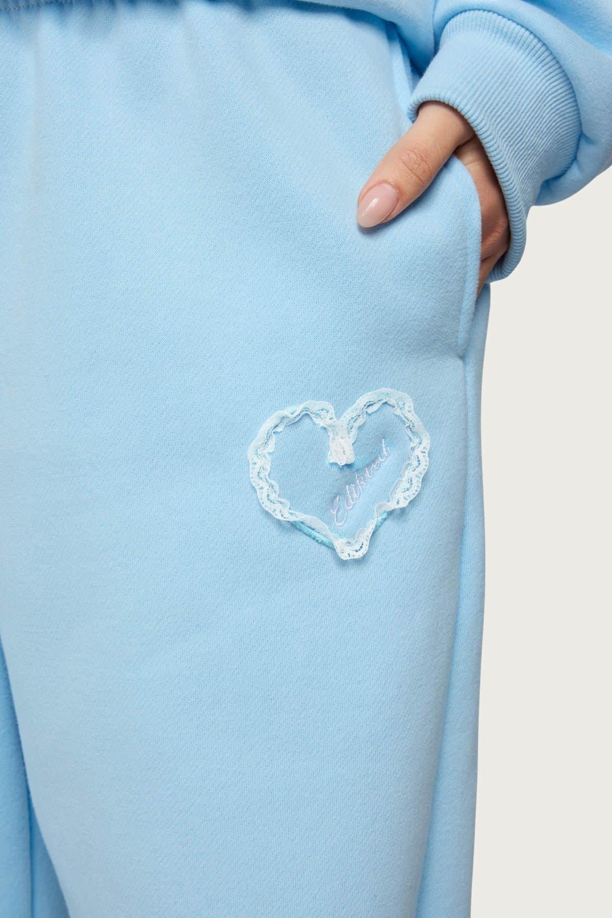 Love Edikted Wide Leg Sweatpants with Lace Heart Patch & Embroidered Text