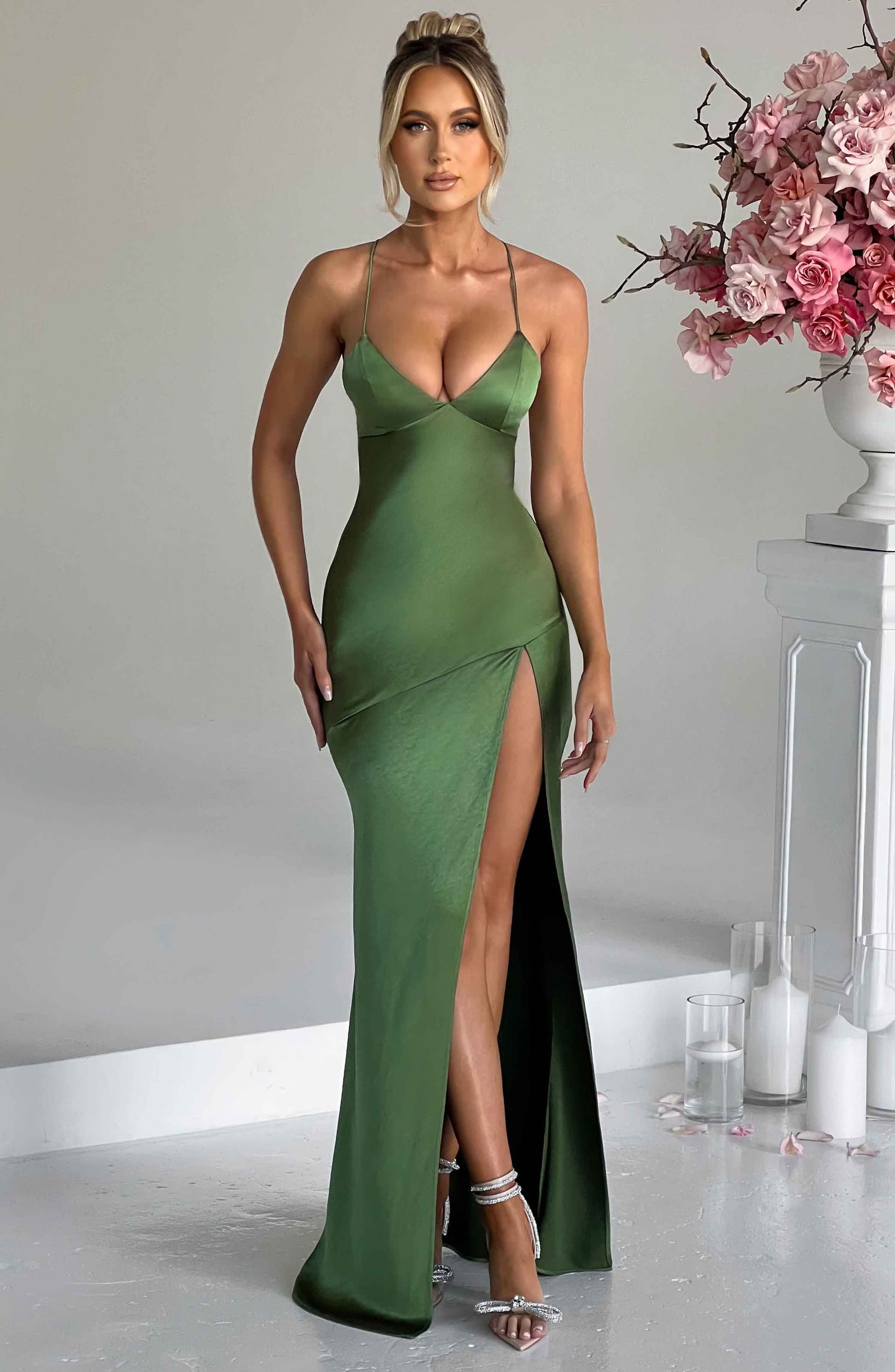 Isobel Maxi Dress - Emerald Satin Bias Cut Plunge Neck Thigh Split