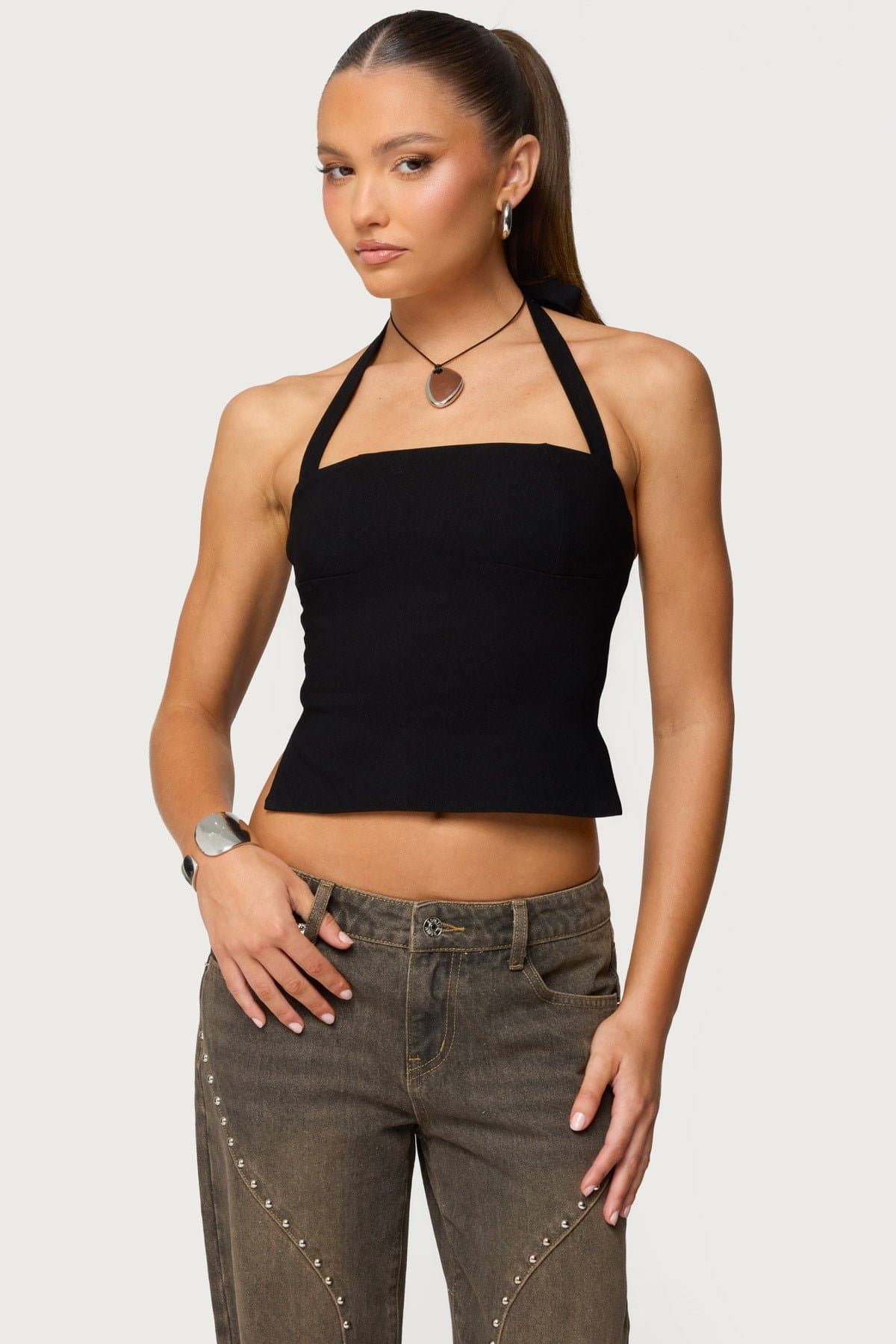 Dara Halter Top - Cotton Polyester Spandex with Tie Closure Side Slit