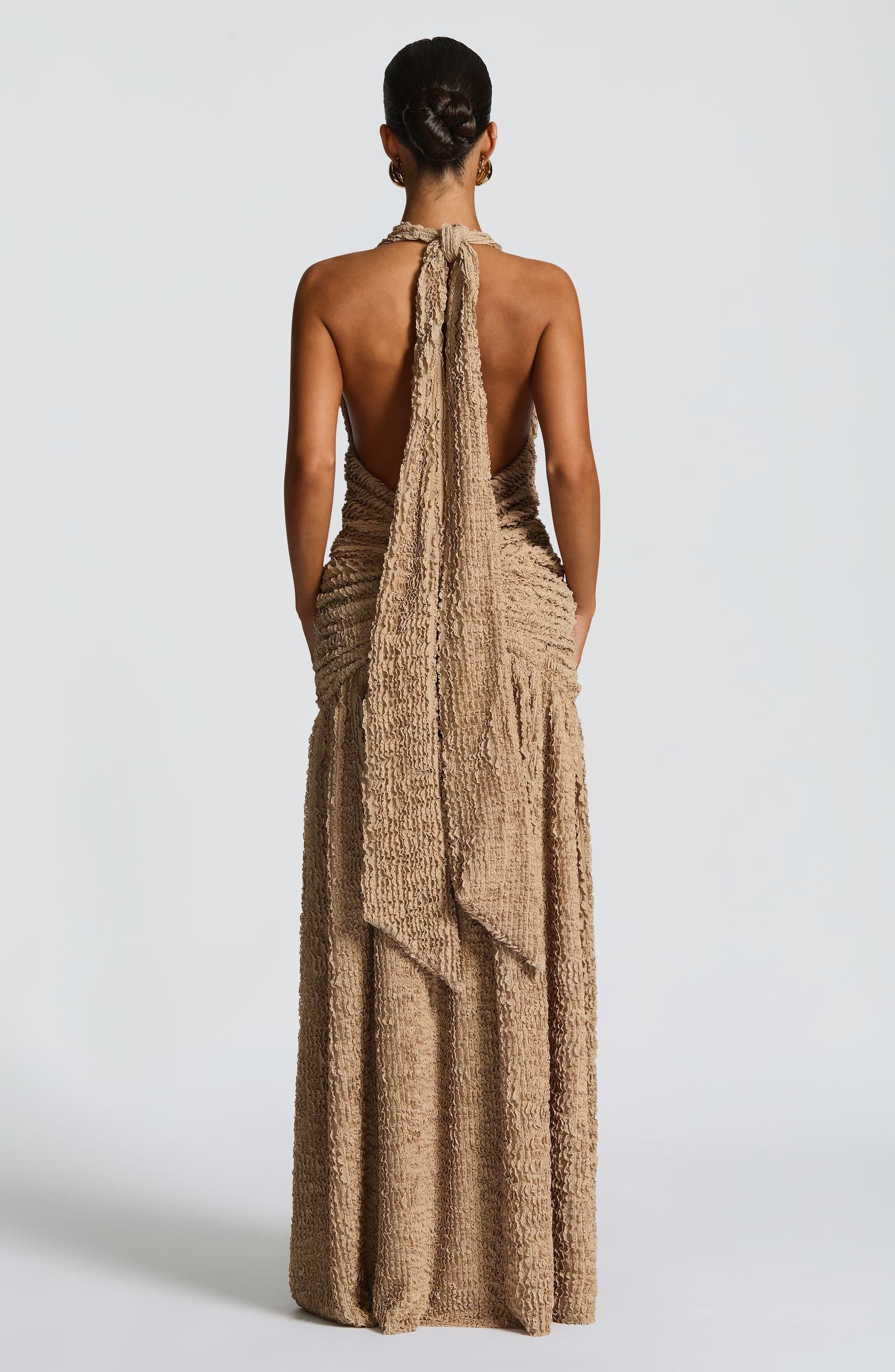 Minerva Maxi Dress Beige Textured Fabric Plunge Neckline Thigh Split Halterneck