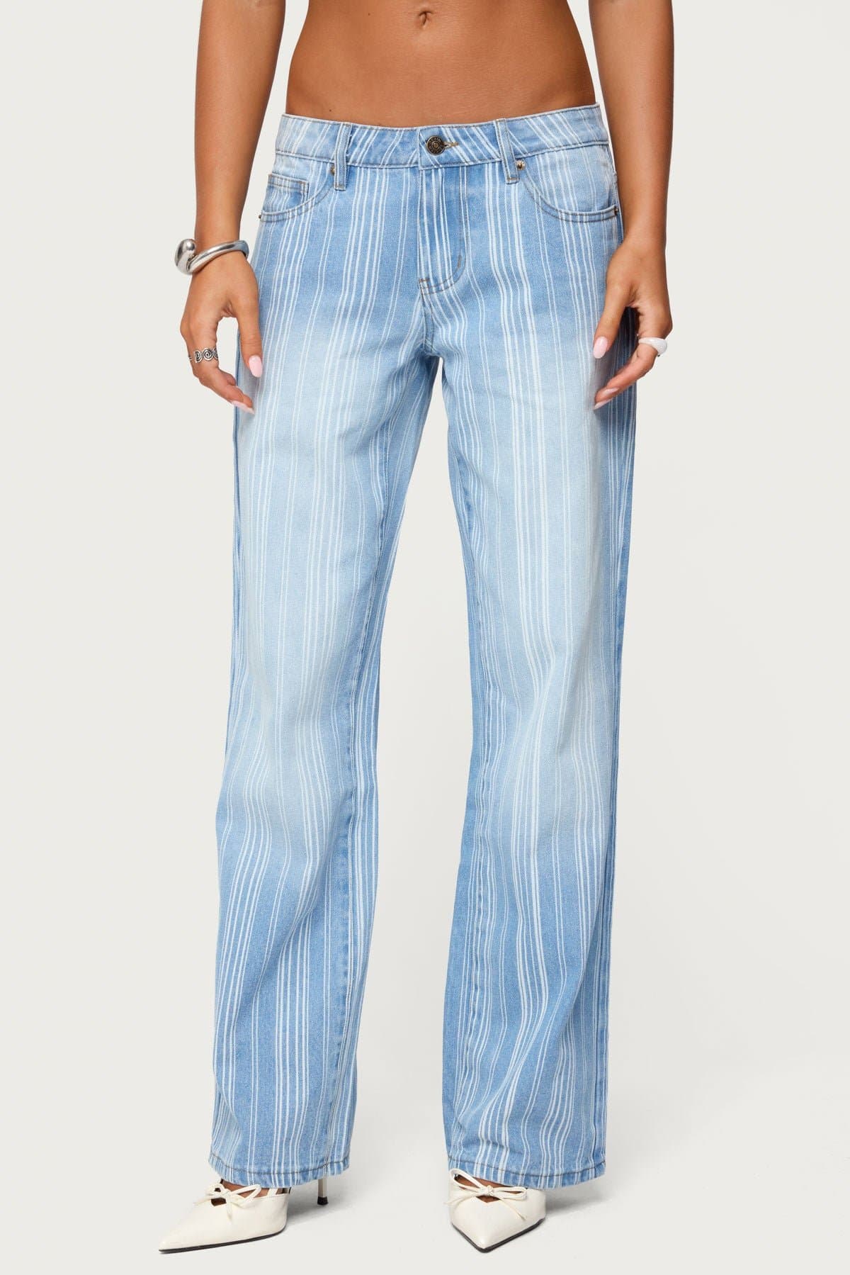 Tera Striped Low Rise Straight Leg Jeans 100% Cotton Rigid Denim