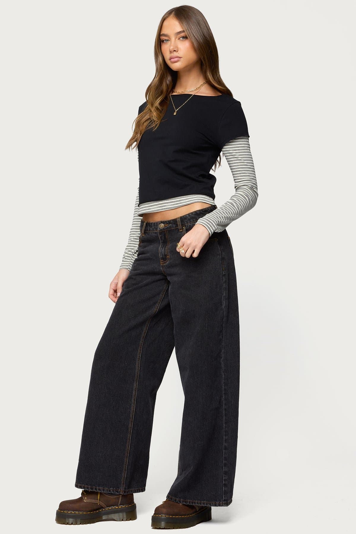 Layered Striped Long Sleeve T-Shirt - Cotton Spandex Unisex