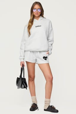 Big Love Edikted Sweat Shorts - Elastic Waistband Heart Patch Polyester Cotton Rayon