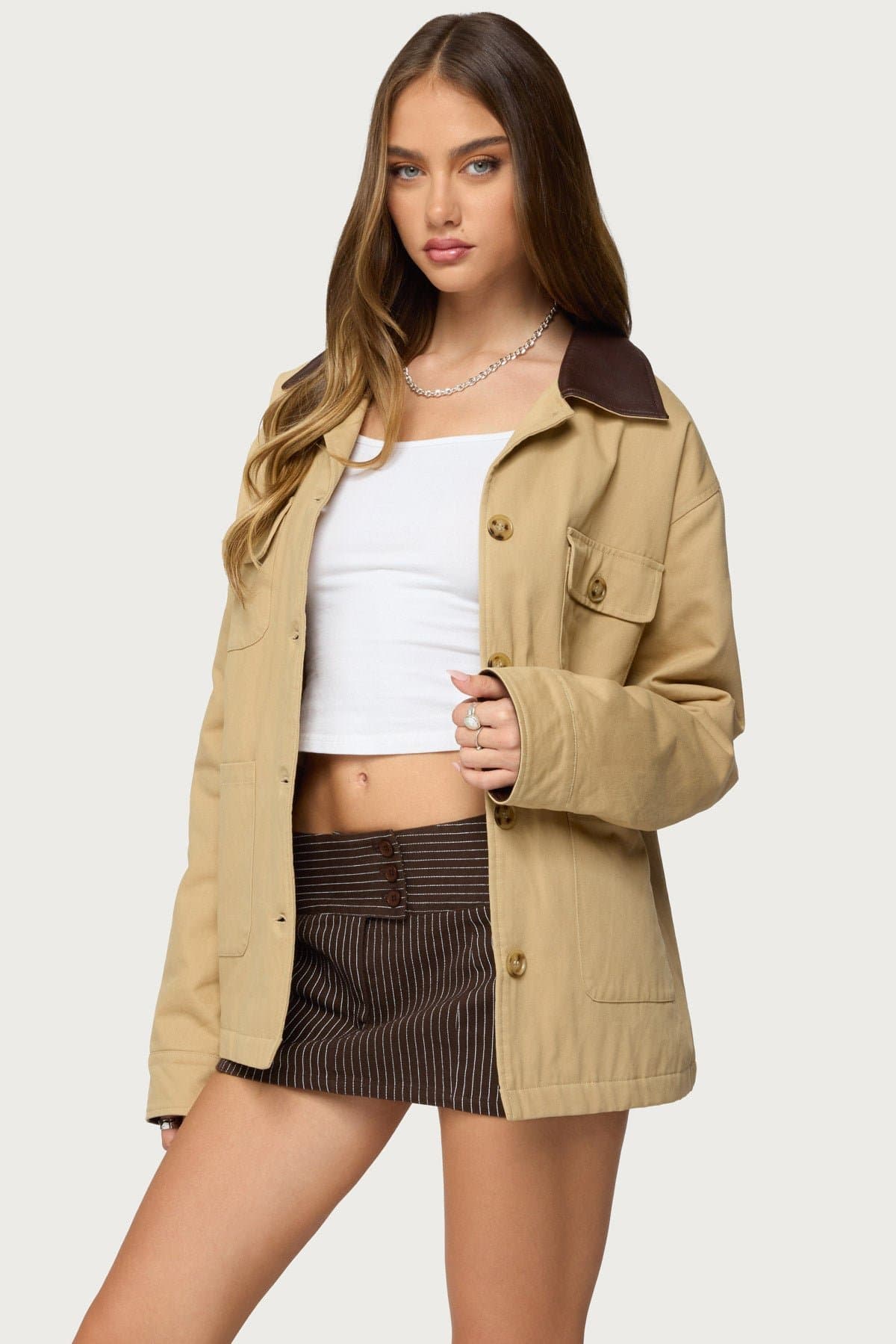 Harper Barn Coat - 100% Cotton with Faux Leather Collar & Cuffs