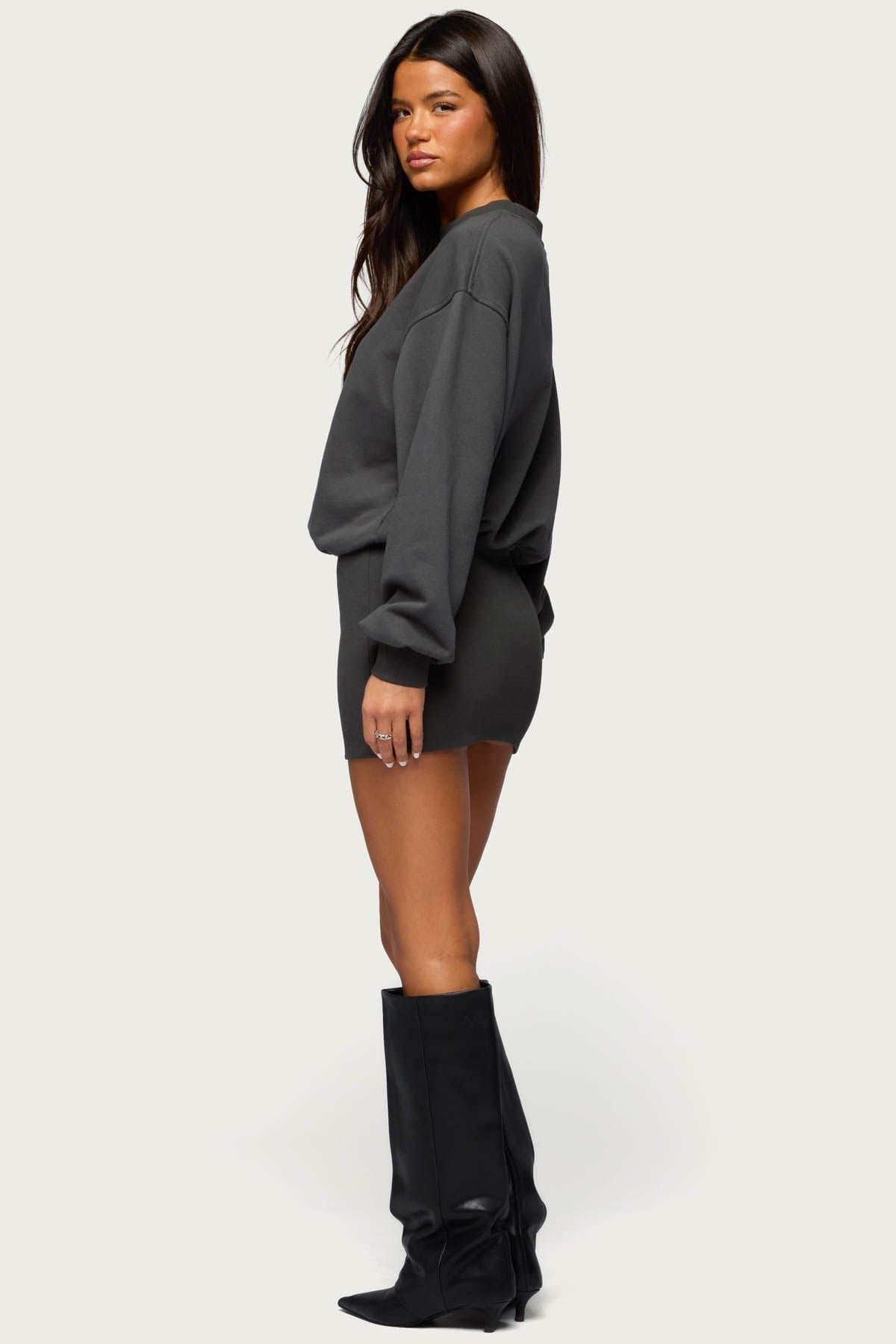 Jannah Sweatshirt Mini Dress - Long Sleeve Fitted Ribbed Cotton Polyester