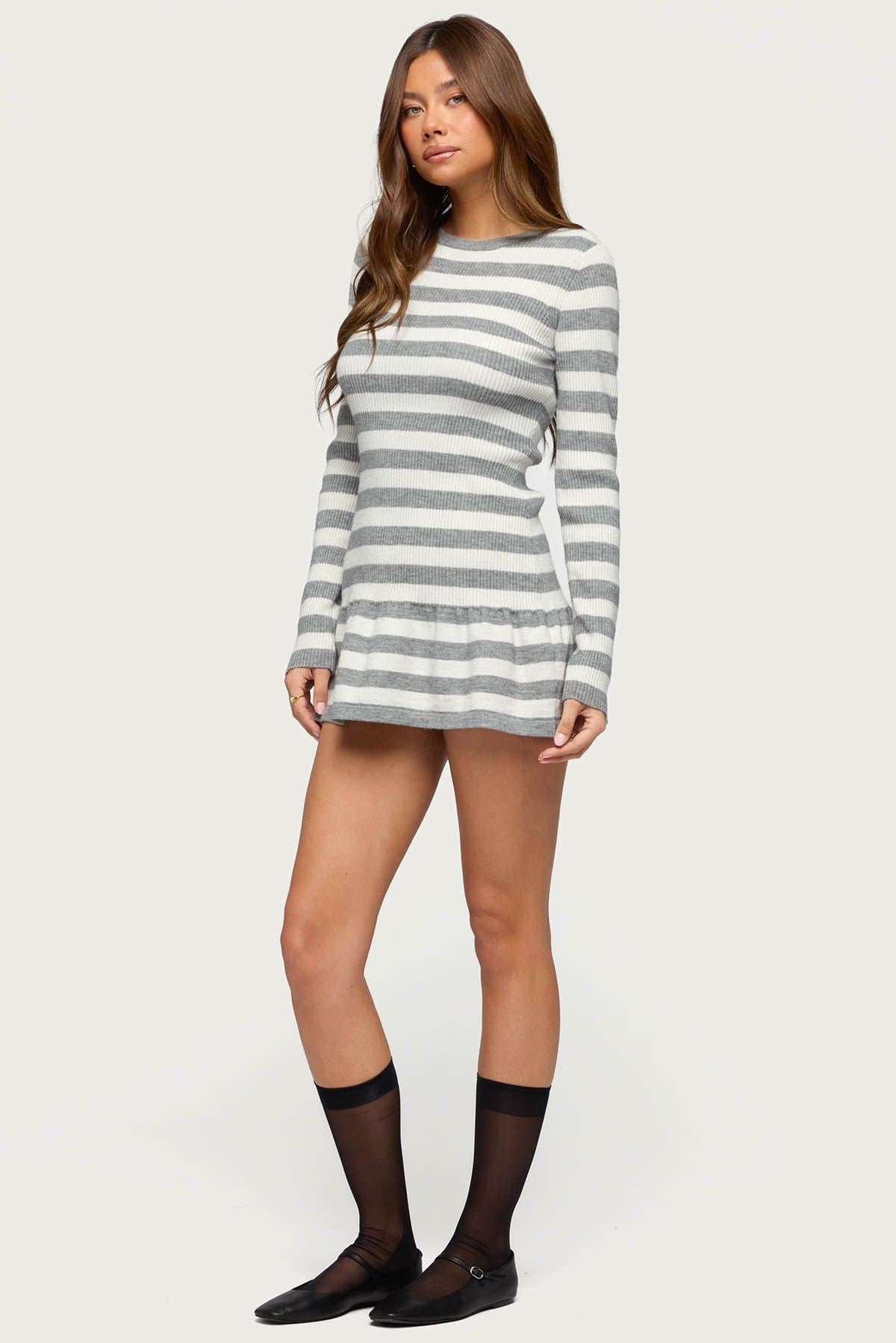 Caisyn Striped Ribbed Knit Mini Dress - Long Sleeve Fitted Bodice Flared Hem