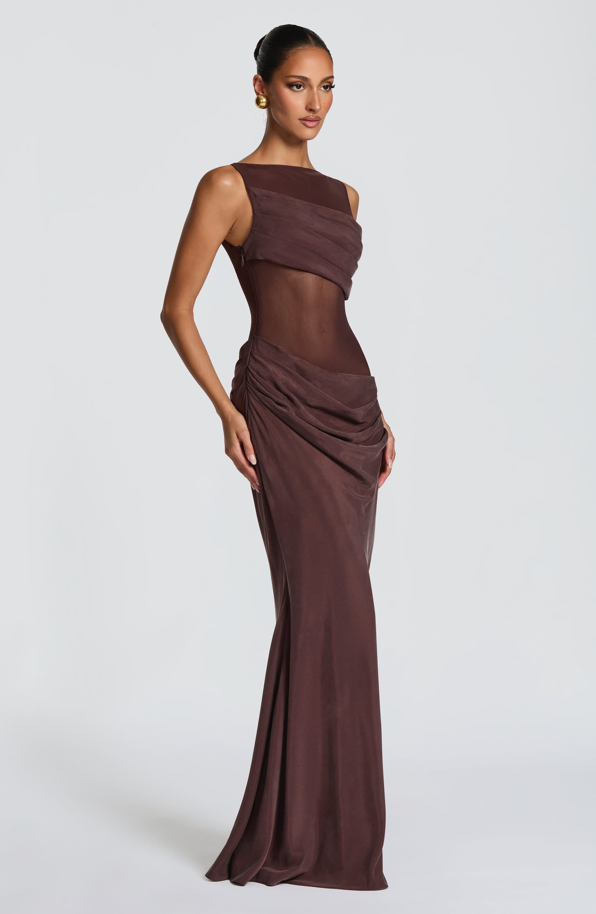 Gracelyn Maxi Dress - Plum Brown Sheer Mesh Bodice Cupro Skirt
