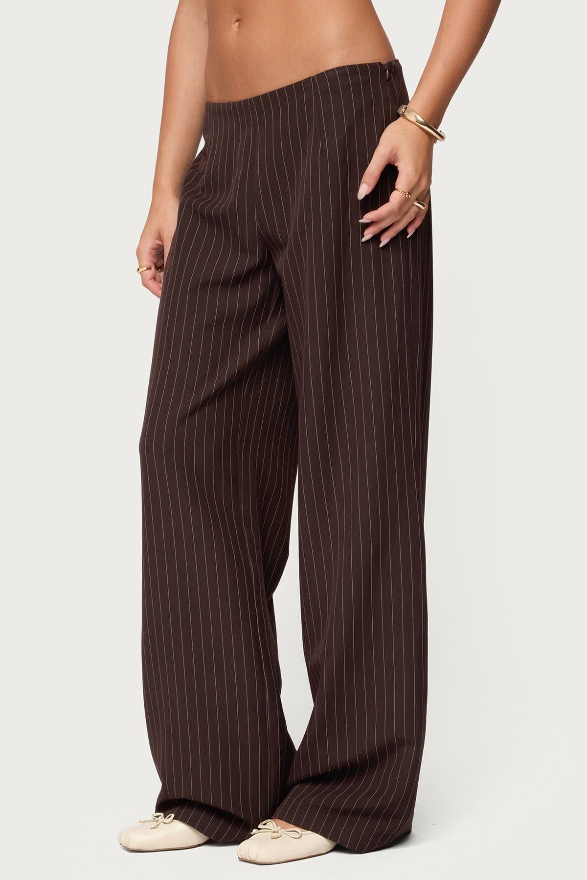 Kerie Pinstripe Low Rise Wide Leg Pants - Polyester Side Zip