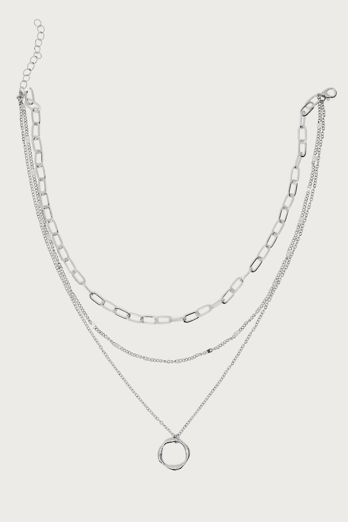 Layered Mixed Chain Necklace with Ring Pendant Silver Tone 14.6 Inch
