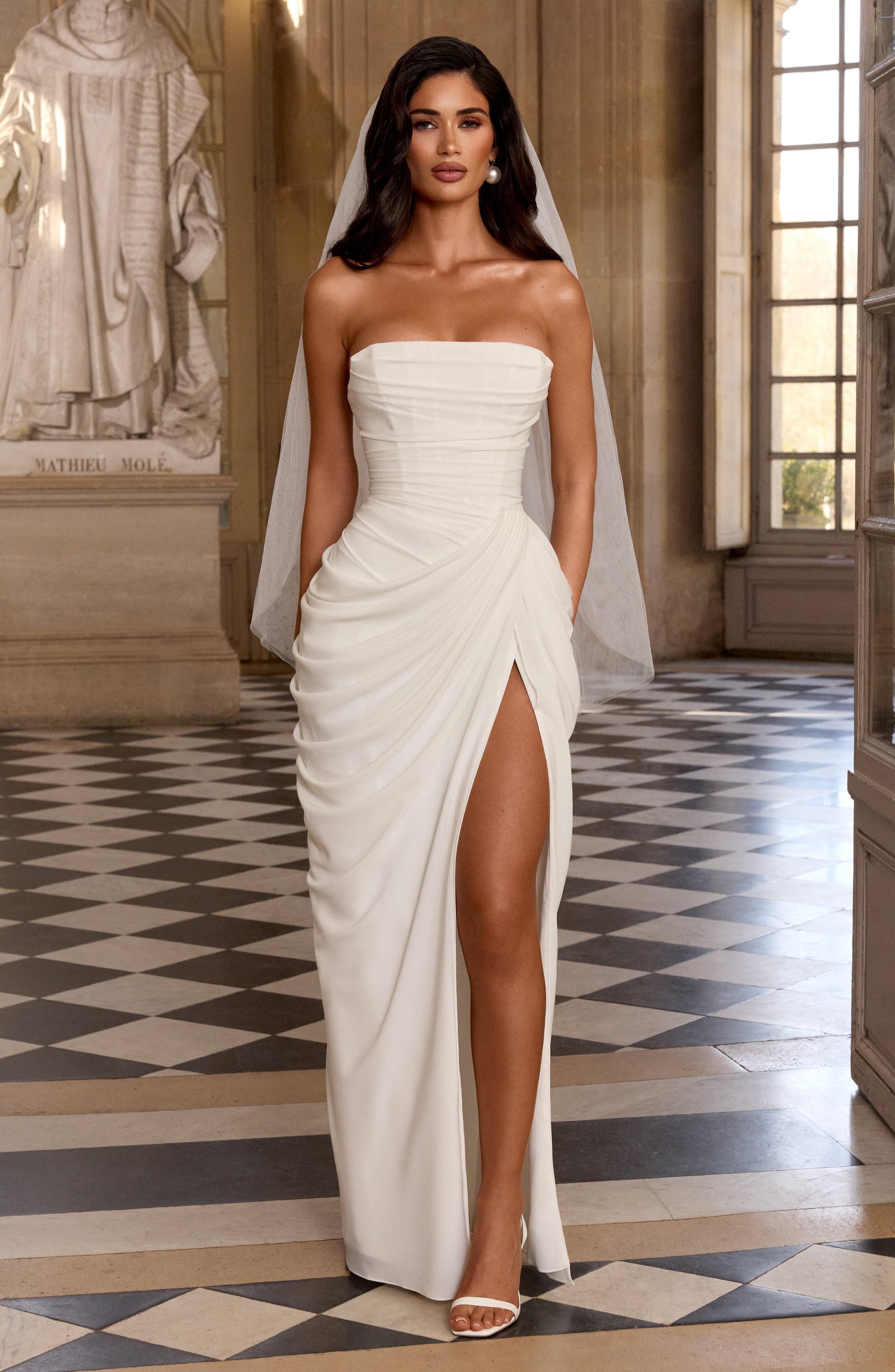Cyra Maxi Dress in Ivory Chiffon with Strapless Neckline and Thigh-High Split