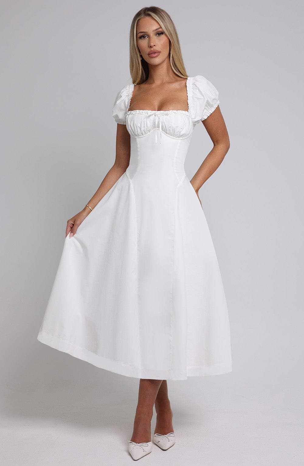 Elora Midi Dress - Ivory Non-Stretch Cotton Blend with Puff Sleeves