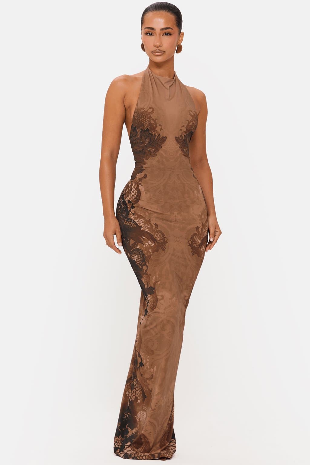 Allure High Neck Cowl Maxi Dress Brown Lace Print Polyamide Elastane