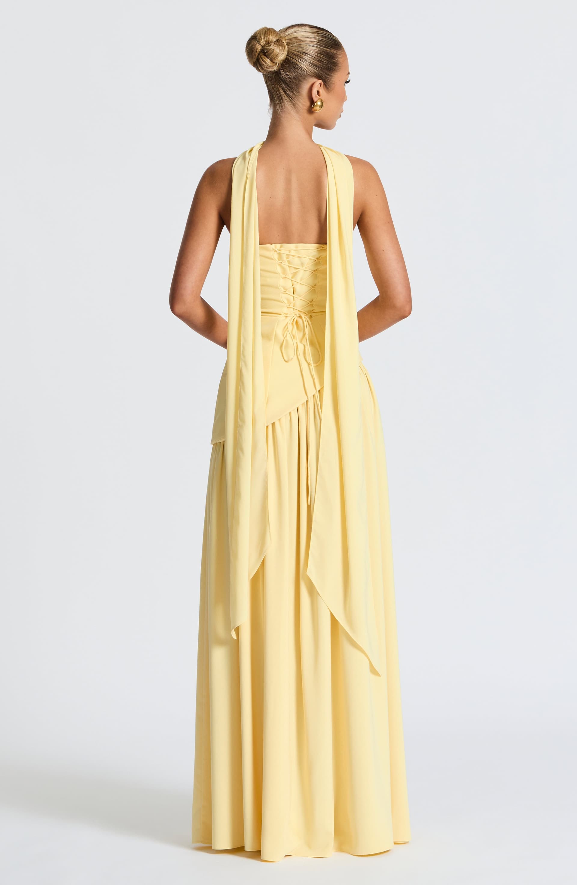 Maliyah Maxi Dress Lemon Crepe Bodice Chiffon Skirt Thigh High Split
