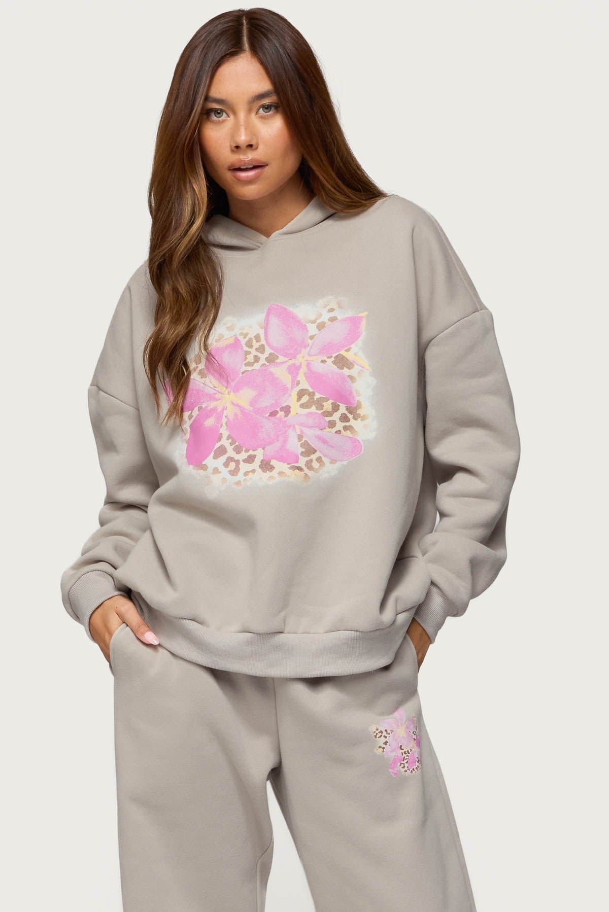 Wild Petal Oversized Hoodie - Flower Leopard Print Polyester Cotton