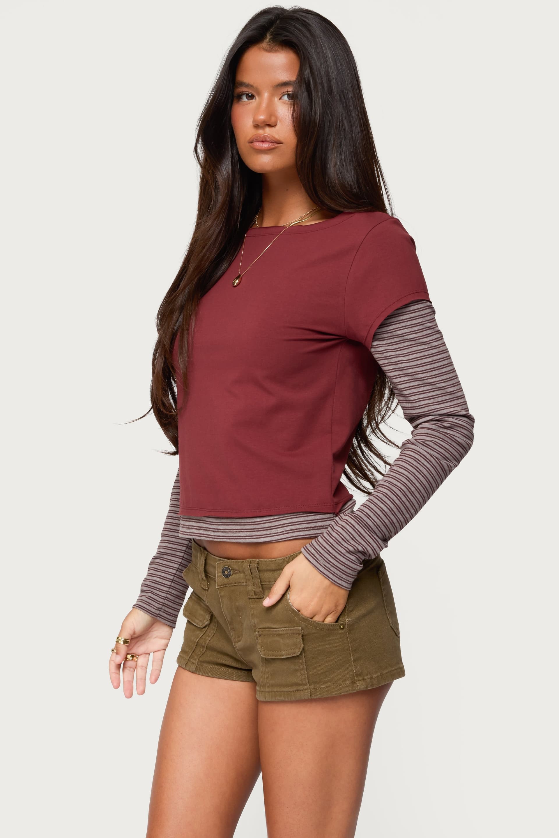 Layered Striped Long Sleeve T-Shirt Cotton Spandex Women's Top
