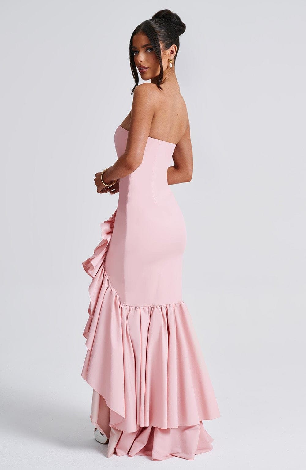 Angelina Blush Strapless Maxi Dress Frilled High-Low Cotton Blend Boned Bodice