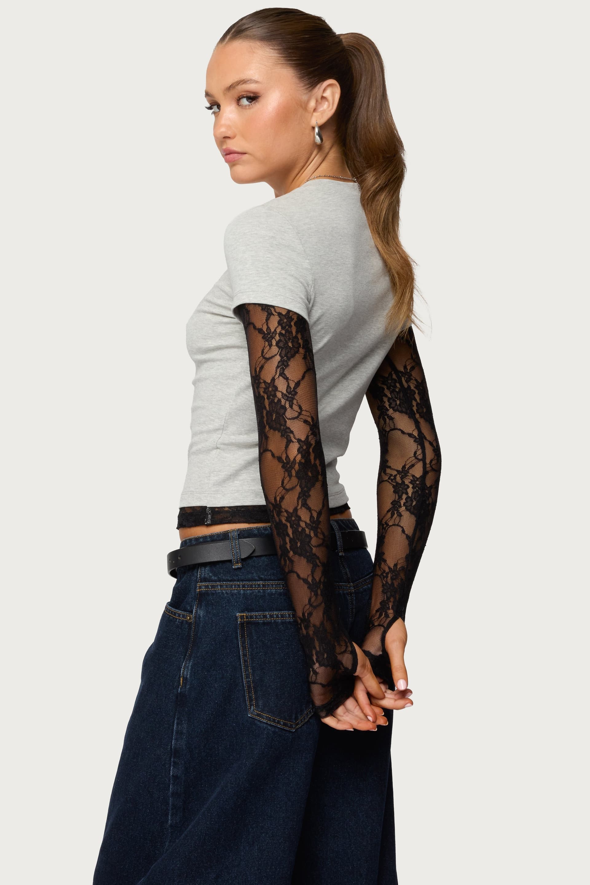 Layered Lace Sleeve Top with Sheer Long Sleeves and Thumb Holes - Cotton Polyester Spandex