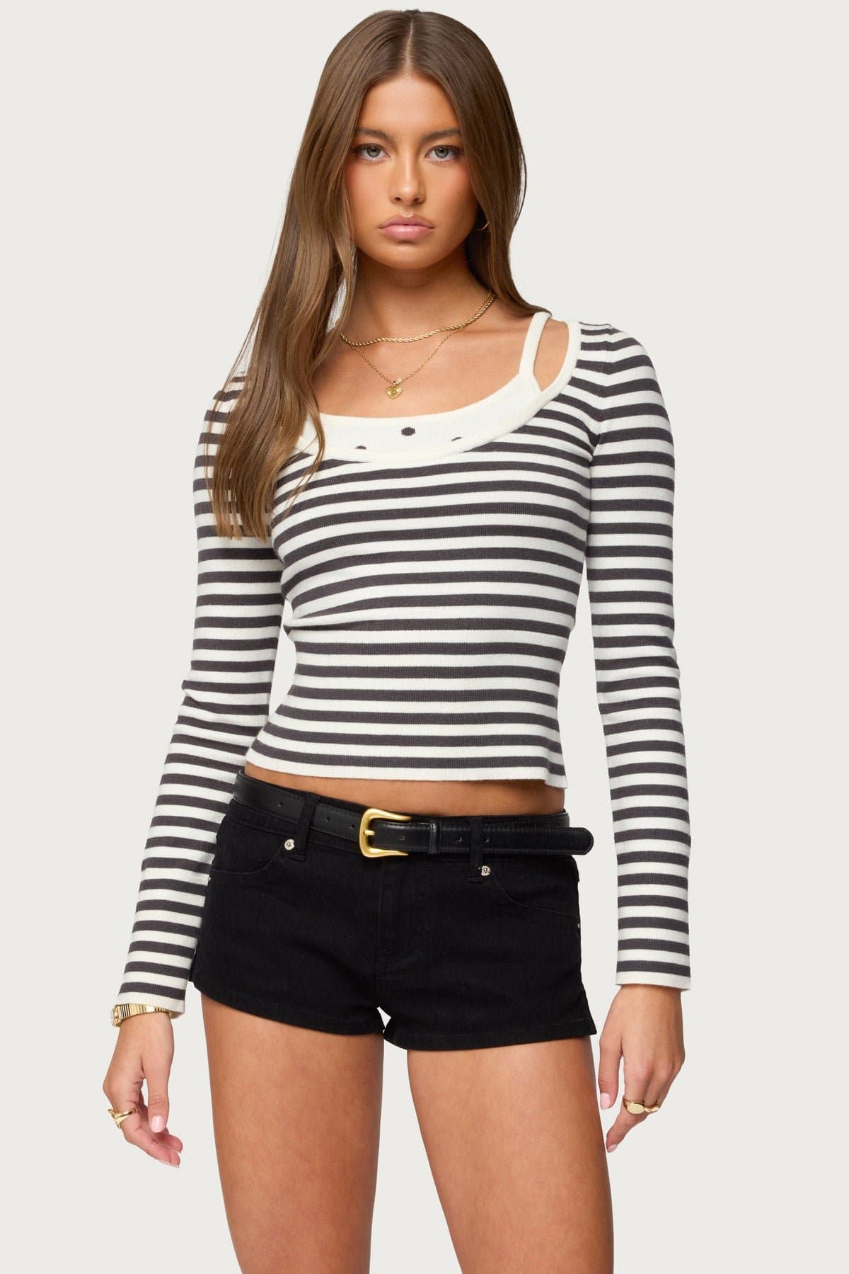Cecile Layered Long Sleeve Top - Striped Polka Dot Knit Polyester Rayon Nylon
