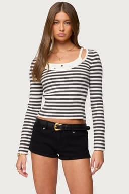 Cecile Layered Long Sleeve Top - Striped Polka Dot Knit Polyester Rayon Nylon