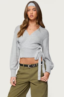 Stella Wrap Knit Cardigan - Acrylic Ribbed Tie Closure Sweater