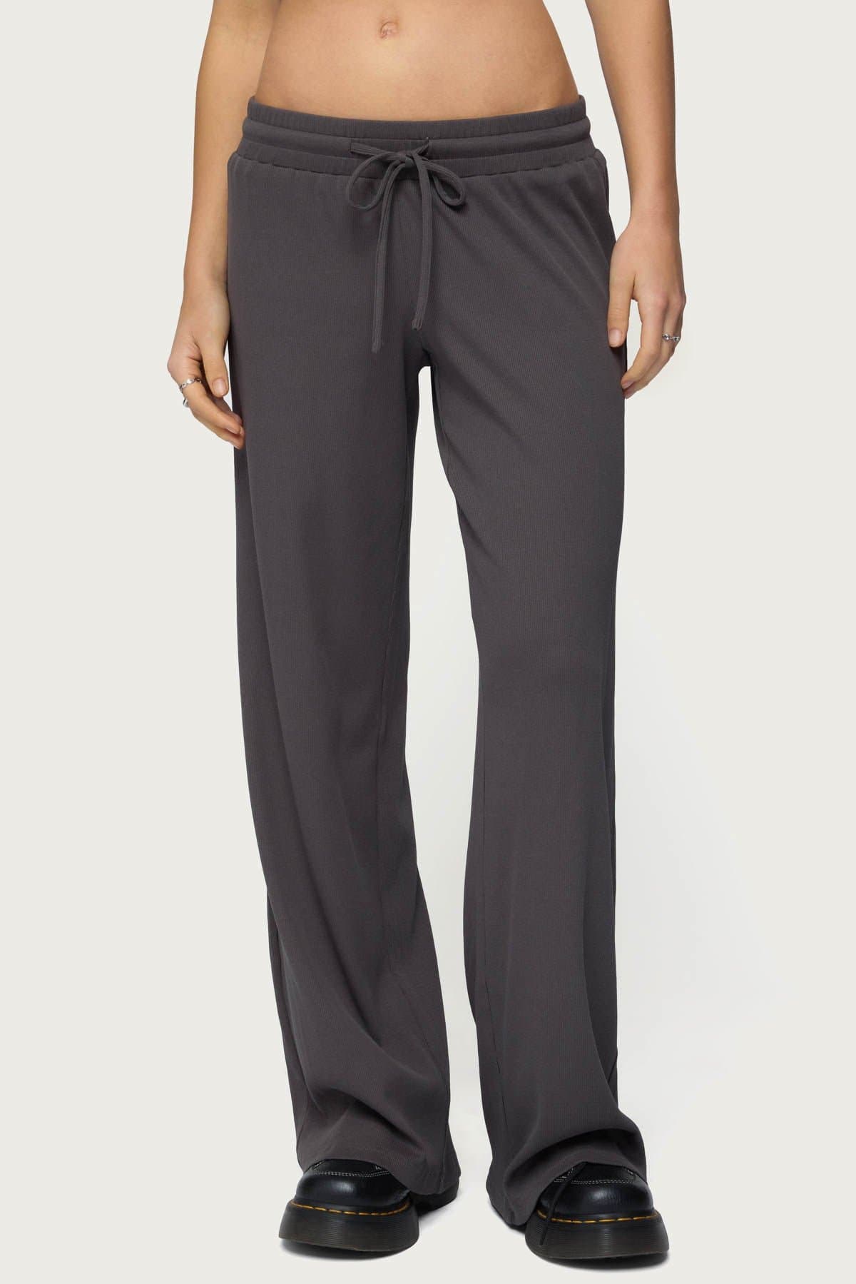 Cicilia Straight Leg Ribbed Pants - Adjustable Tie Waist Cotton Polyester Spandex Loungewear
