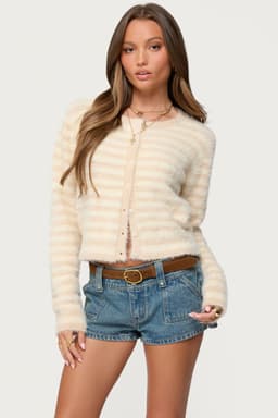 Aria Striped Fuzzy Knit Cardigan - Nylon Polyester Women's Sweater