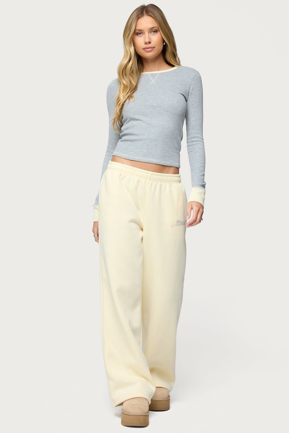 Rora Contrast Long Sleeve Waffle Top - Cotton Polyester Spandex Blend