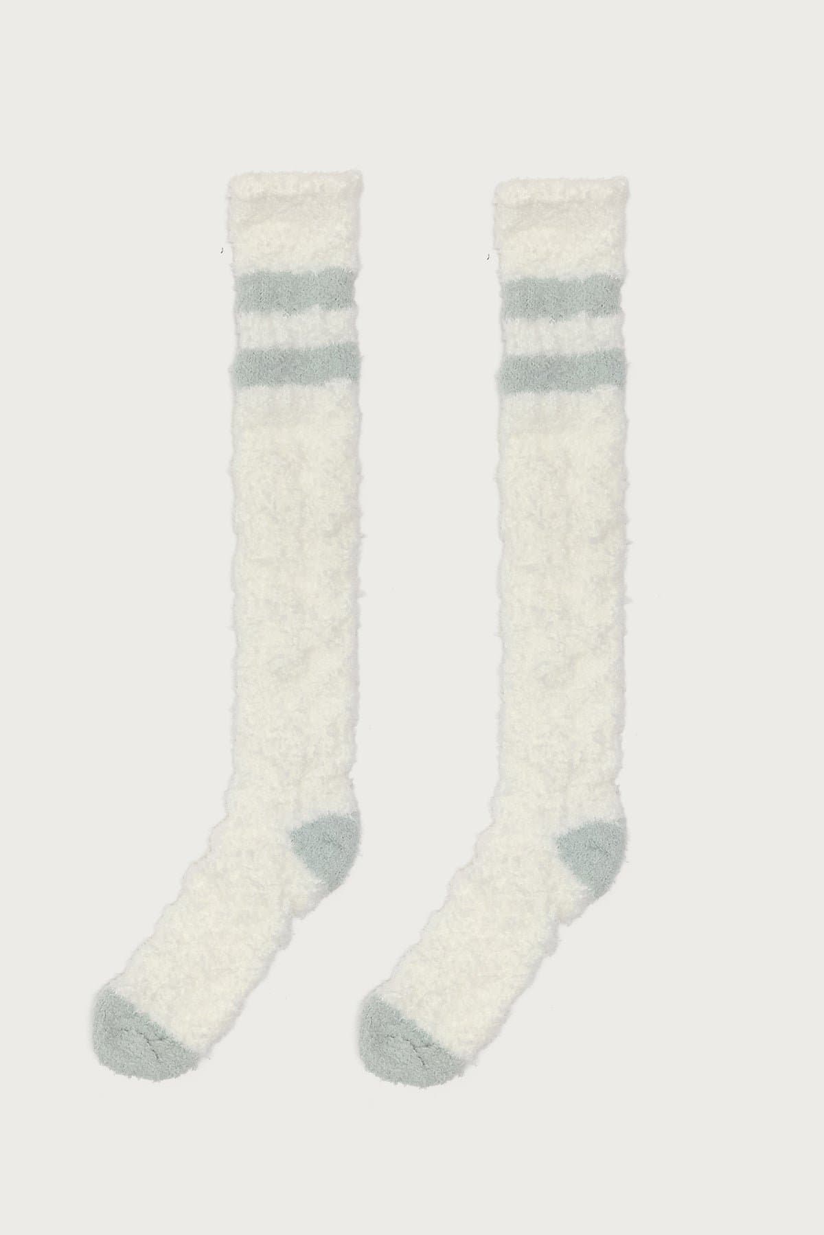 Stripey Fuzzy Scrunch Socks - Striped Polyester Spandex, 21.7 Inch Length