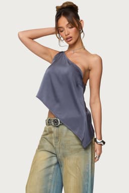 Asymmetric Satin Effect One Shoulder Top - Polyester Spandex