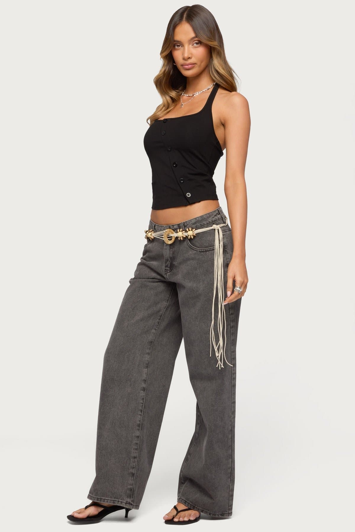 Asymmetric Button Up Halter Top in Cotton Spandex