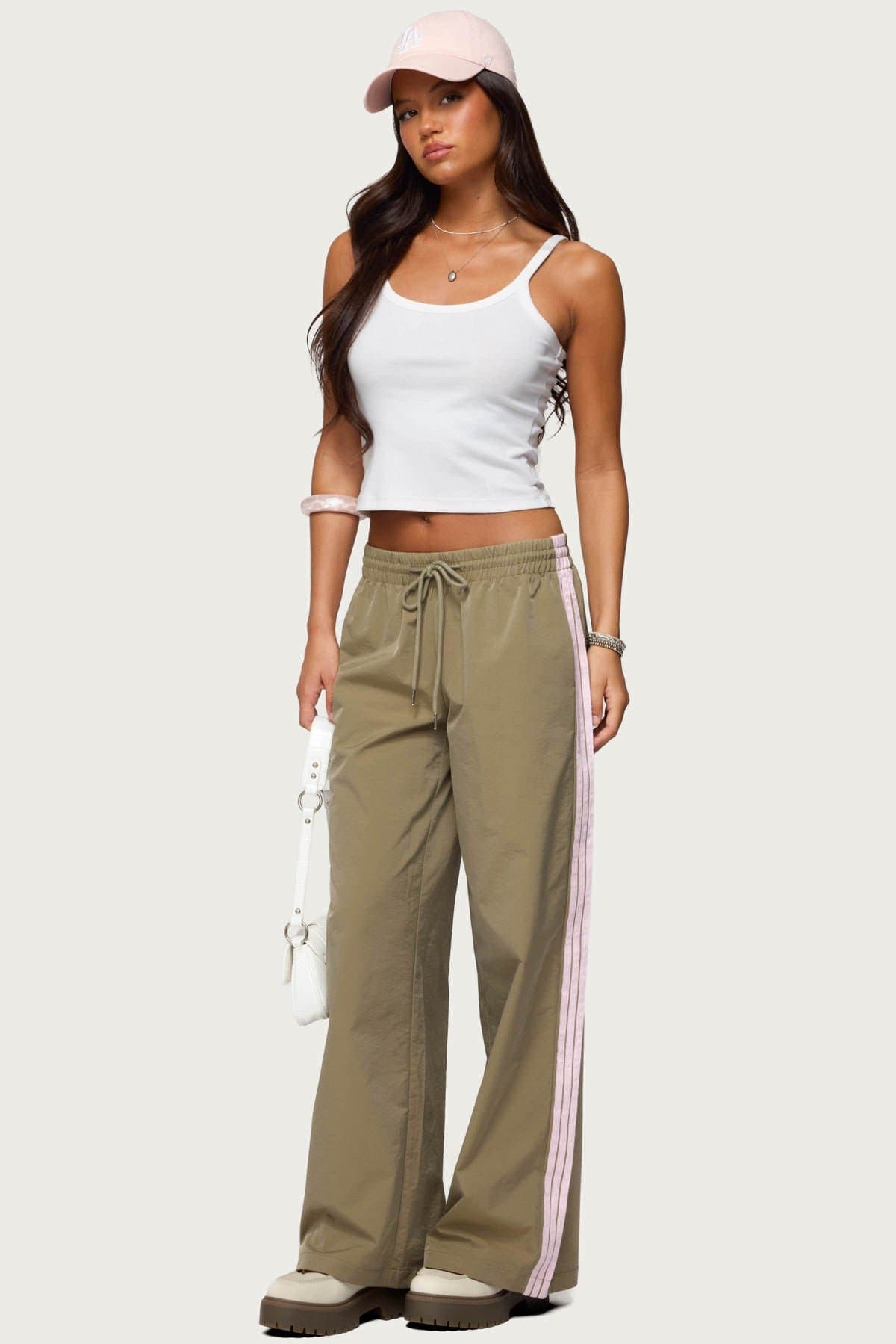Annabella Nylon Track Pants Adjustable Tie Waist Side Stripe Detailing