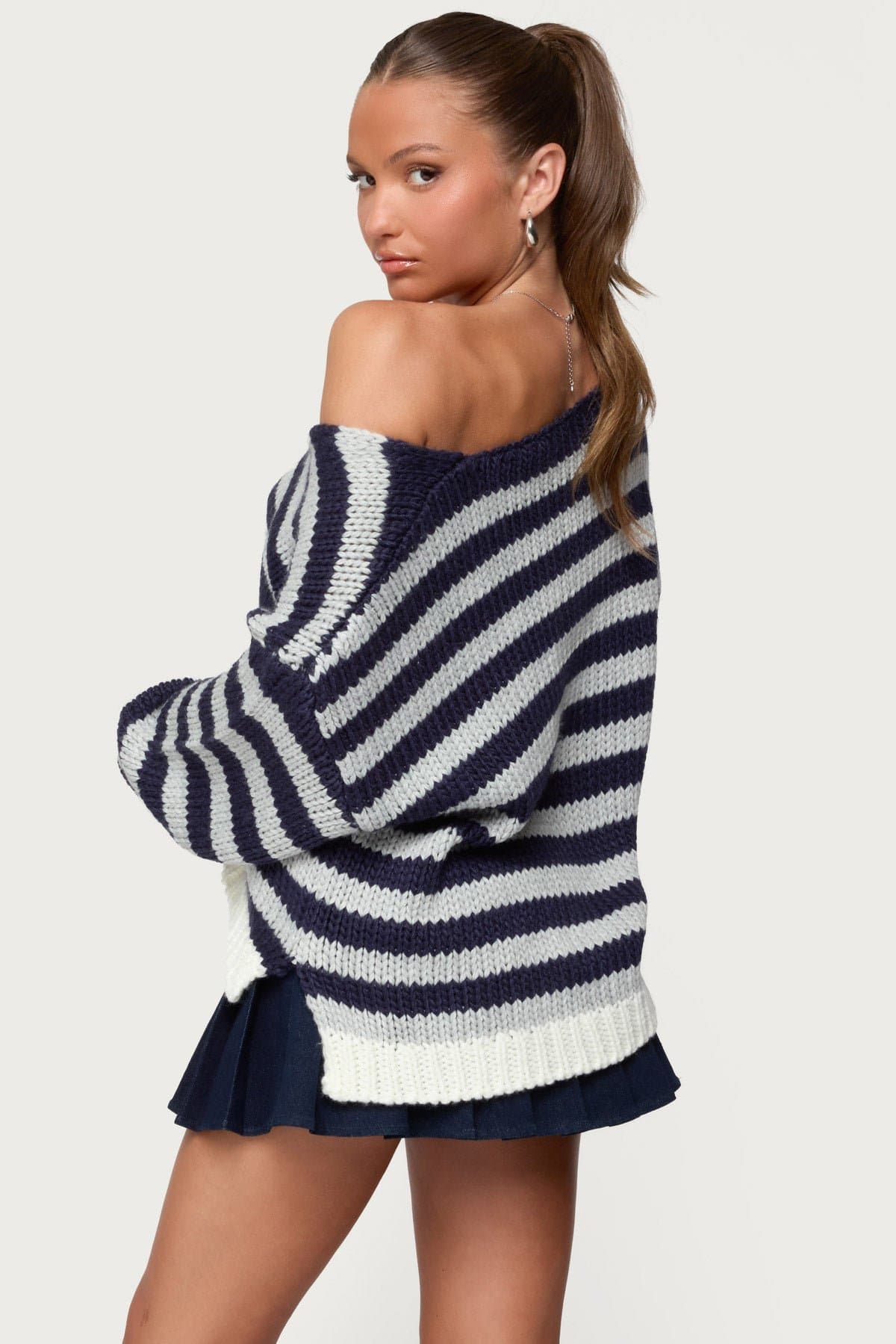 Eugenie Oversized Striped Sweater - V Neck Knit Acrylic with Contrast Cuffs