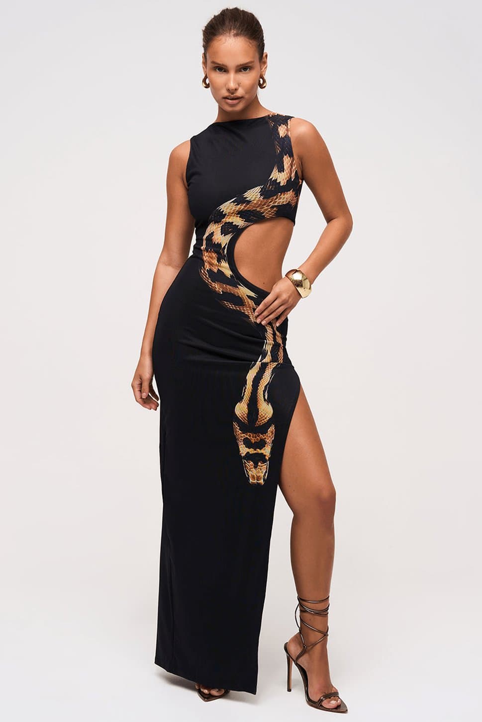 VIPER Cut Out Detail Maxi Dress Snake Print Sleeveless Bodycon