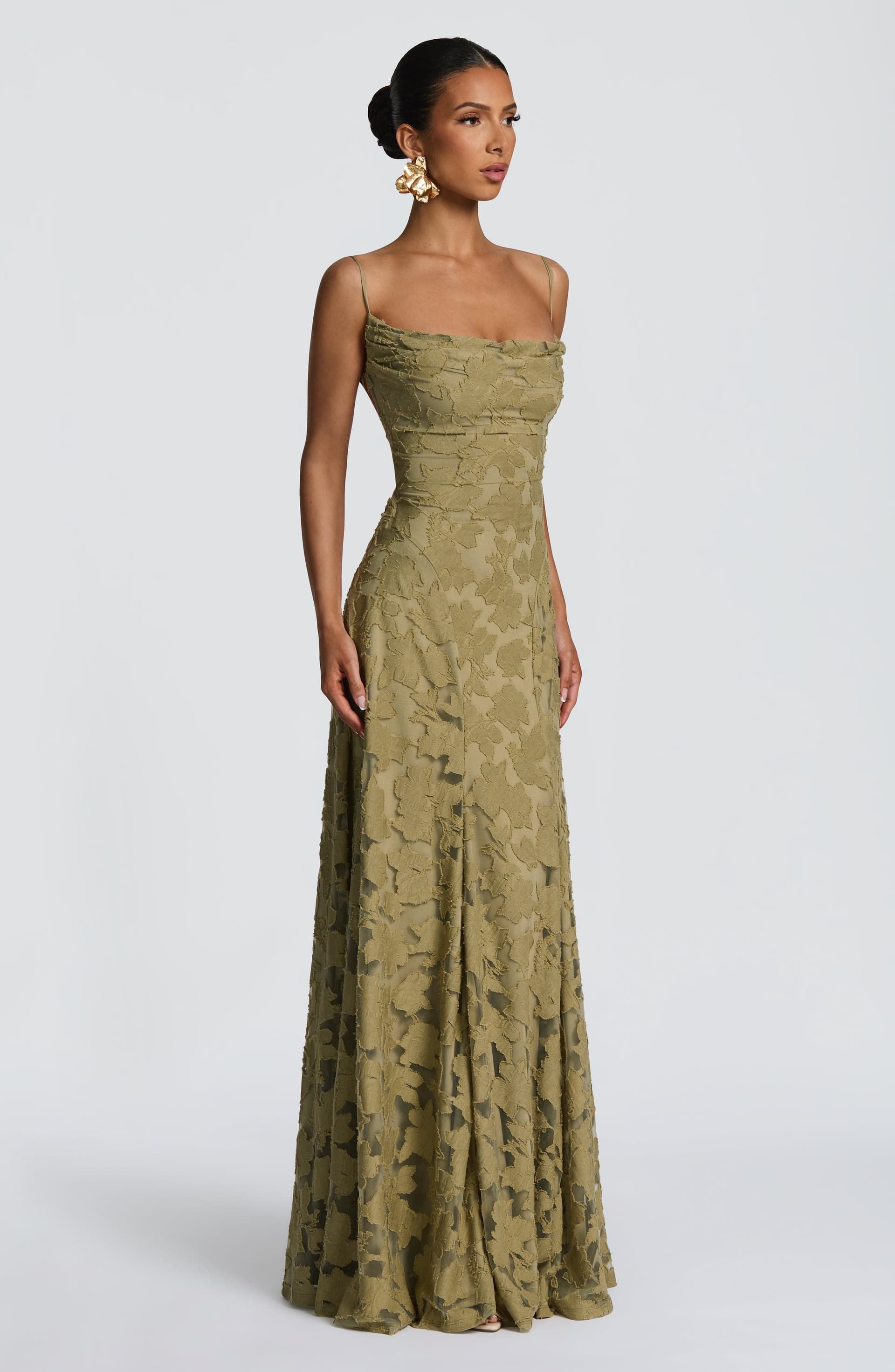 Francis Maxi Dress - Sage Floral Burnout Jersey Cowl Neck Lace-Up Back