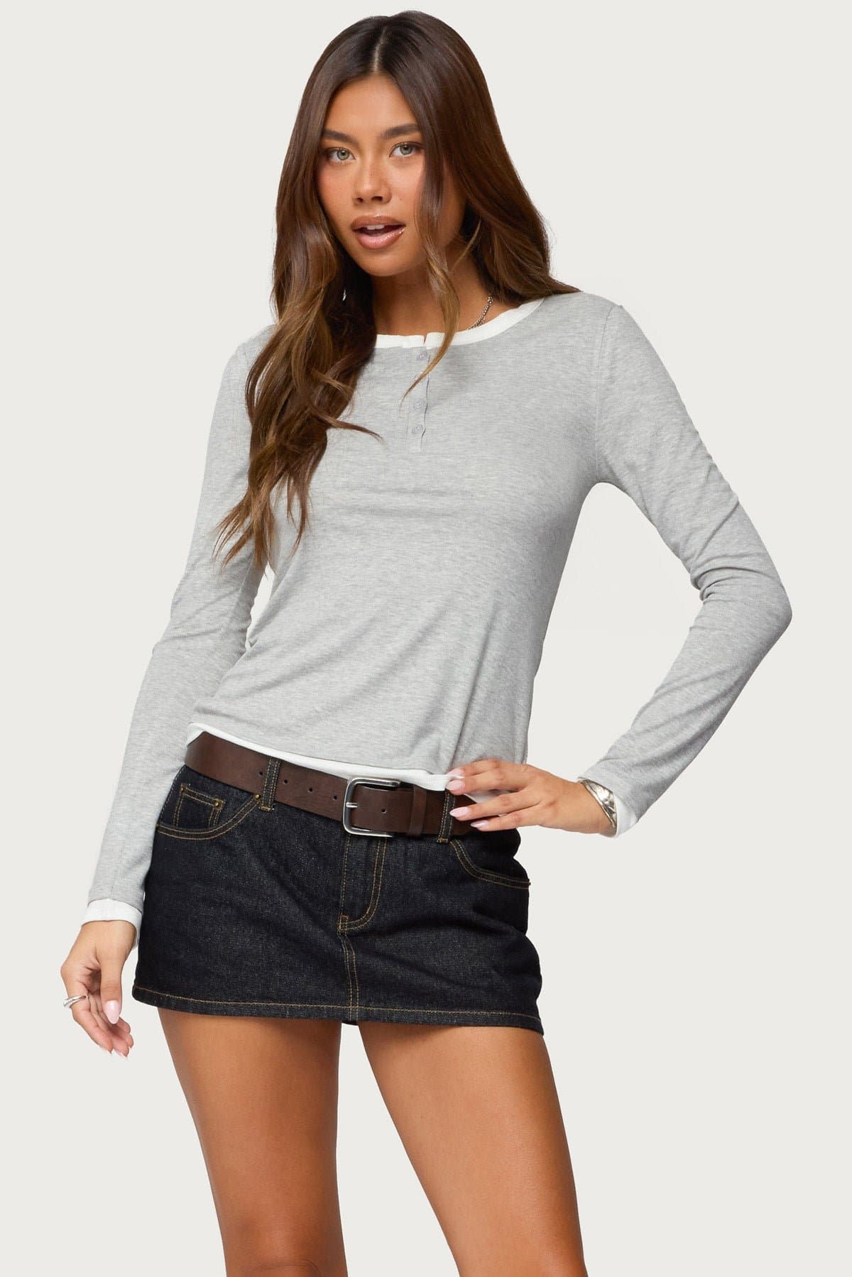 Contrast Layered Look Henley Top - Long Sleeve Rayon Spandex Women's Shirt