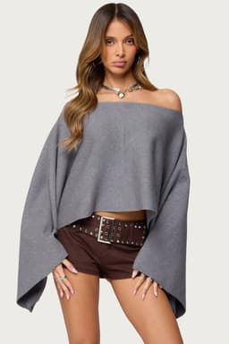 Sharla Off Shoulder Poncho Sweater in Rayon Polyester Nylon Knit Fabric