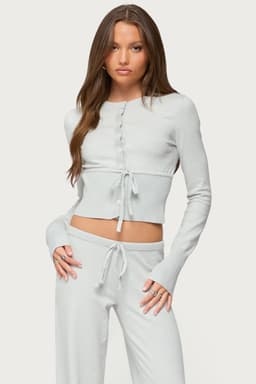 Embryn Button Up Knit Cardigan - Polyester Rayon Nylon Ribbed Tie Detail