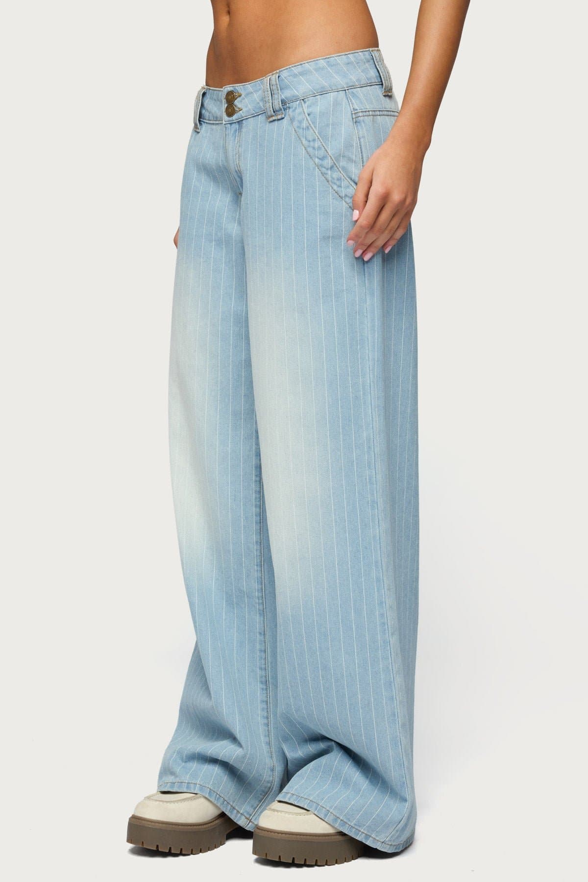 Cory Striped Low Rise Baggy Jeans 100% Cotton Rigid Denim