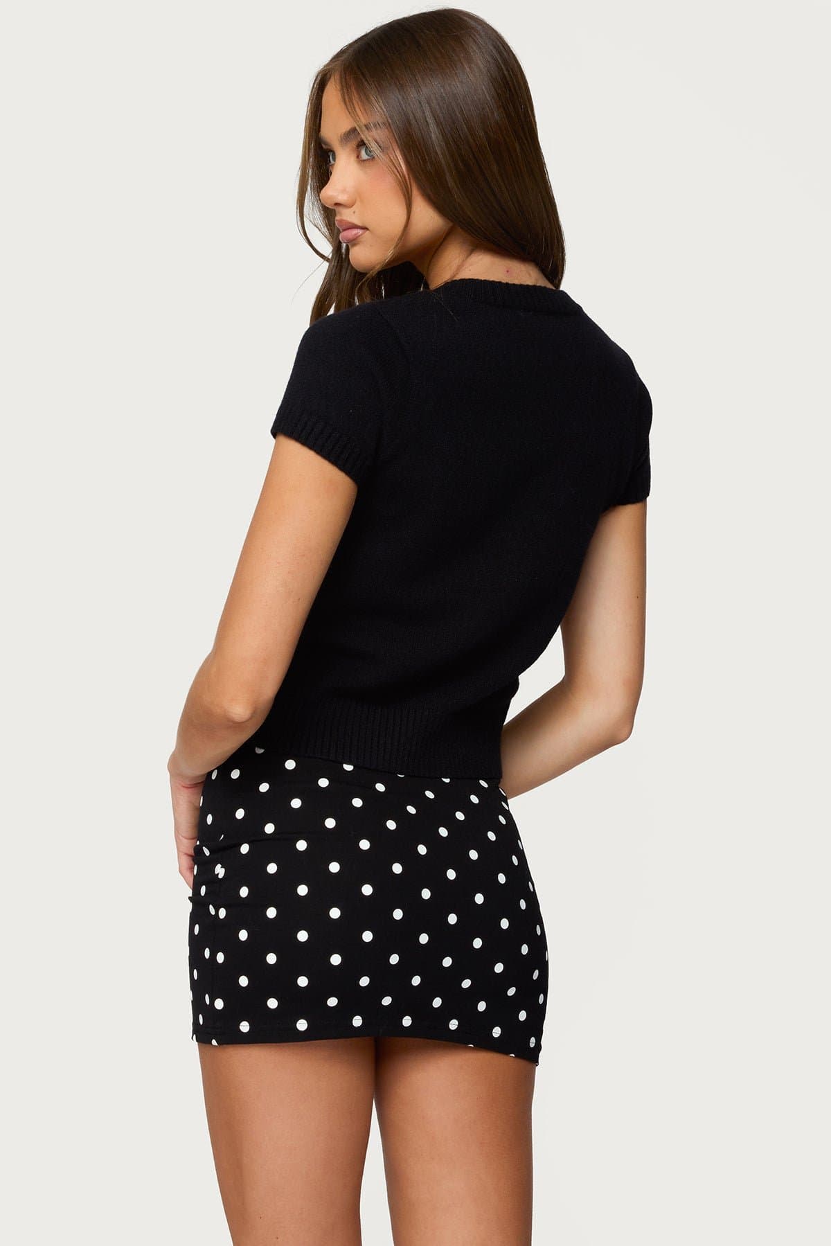 Coreen Button Up Knit Top - Short Sleeve Ribbed Acrylic Polyester Nylon