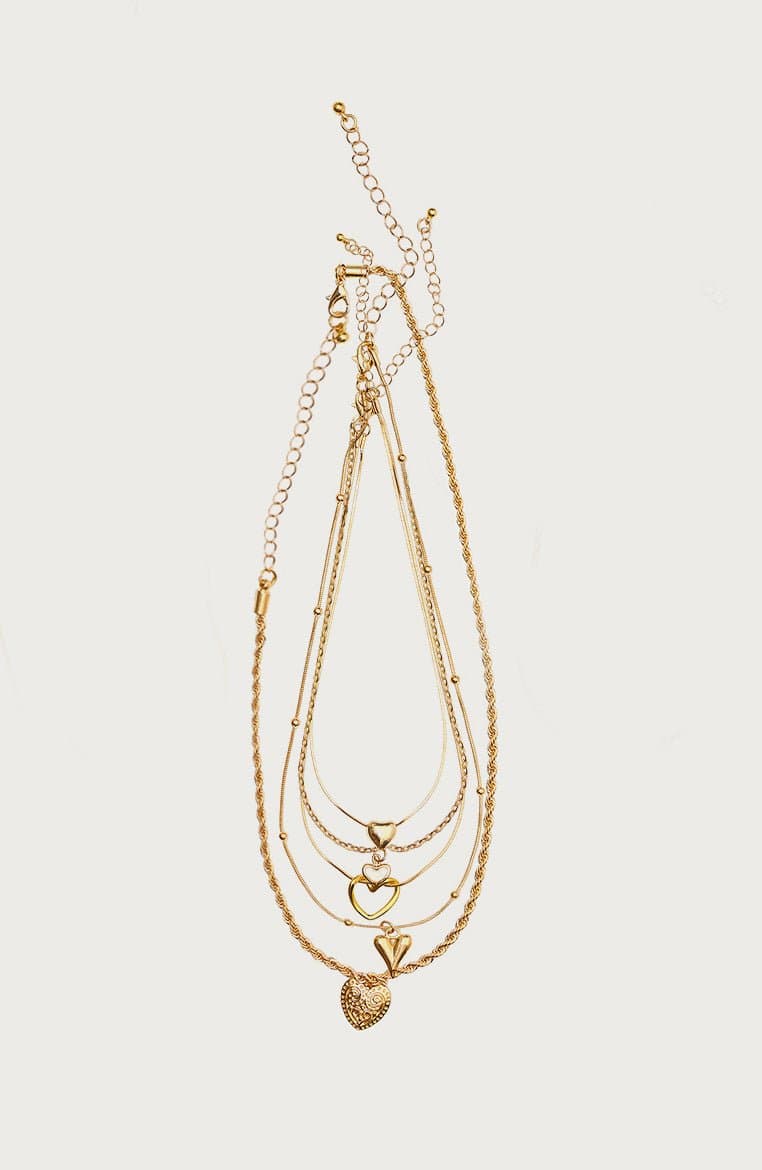 Big Heart Layered Necklace Gold Tone Metal 14.2 Inch Length
