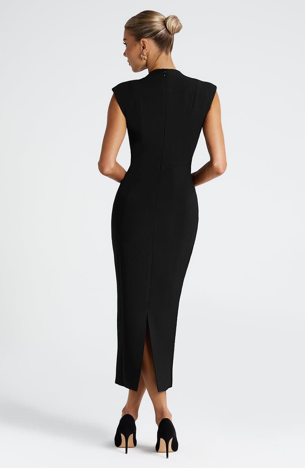 Nellie Midi Dress - Black Non-Stretch Crepe Pencil Skirt Plunging Neckline