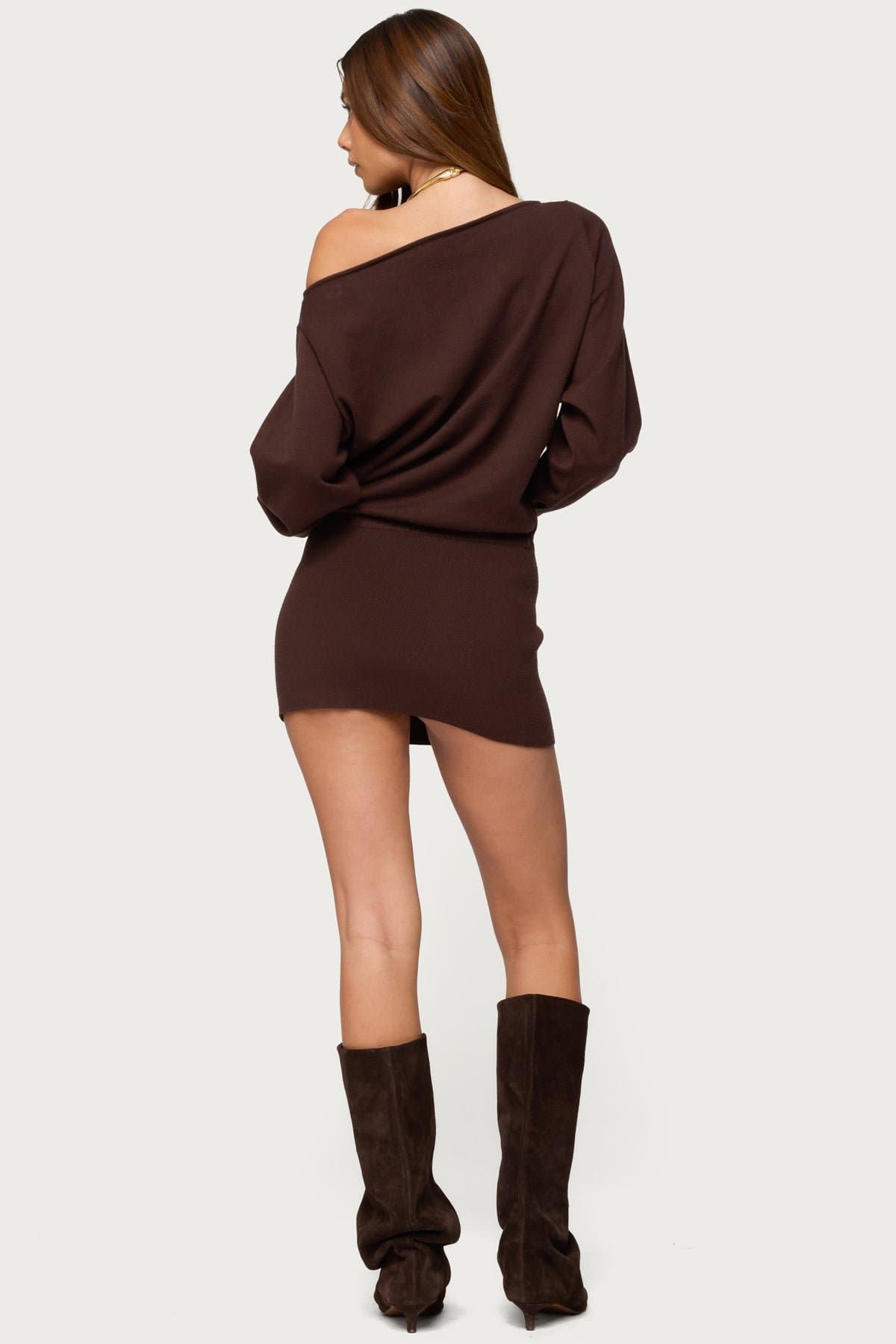 Eve Off Shoulder Knit Mini Dress with Long Sleeves and Thumb Holes