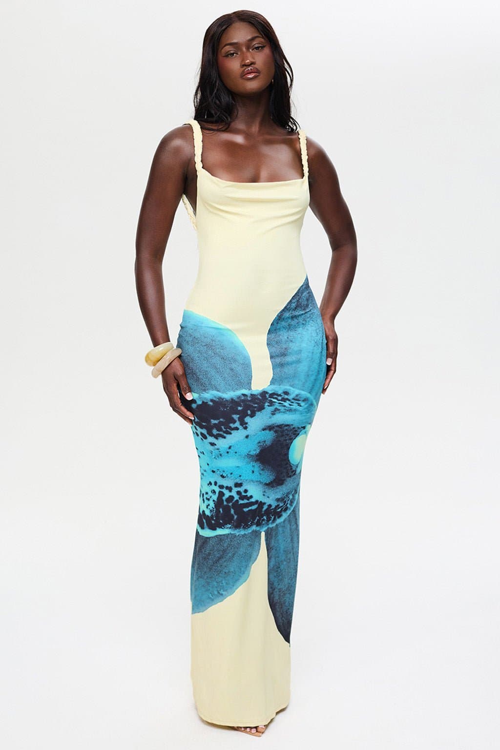 FLEUR Maxi Dress Jungle Orchid Print Square Neck Backless High Stretch