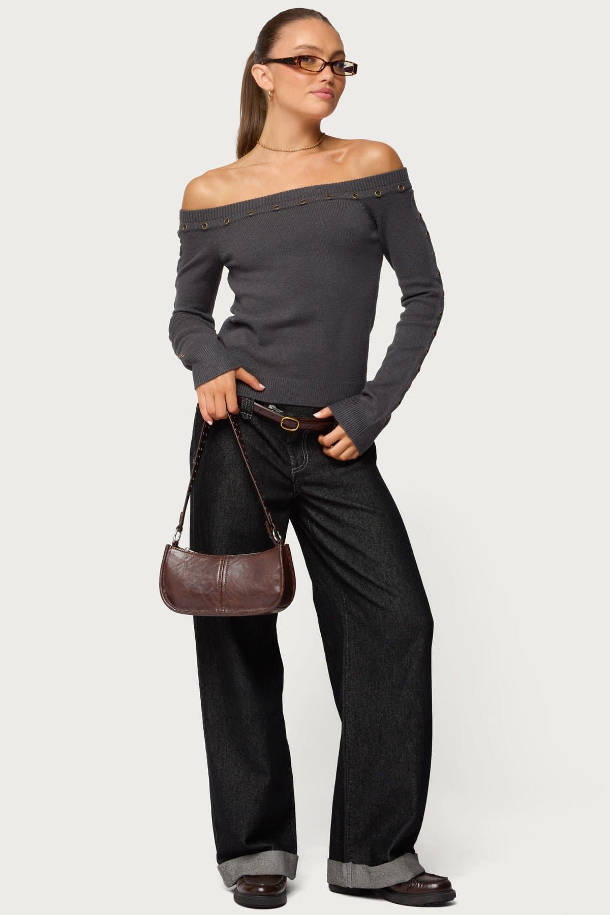 Morgen Grommet Off Shoulder Knit Top - Rayon Polyester Nylon