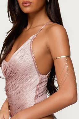 Festival Rhinestone Chain Arm Cuff - Triple Chain Gold Tone Metal 3 Inch