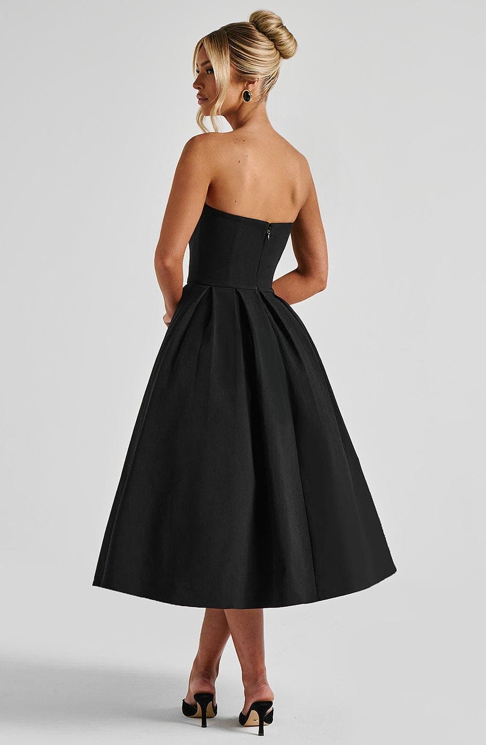 Edith Midi Dress in Black - Strapless Pleated Full Skirt Fully Lined