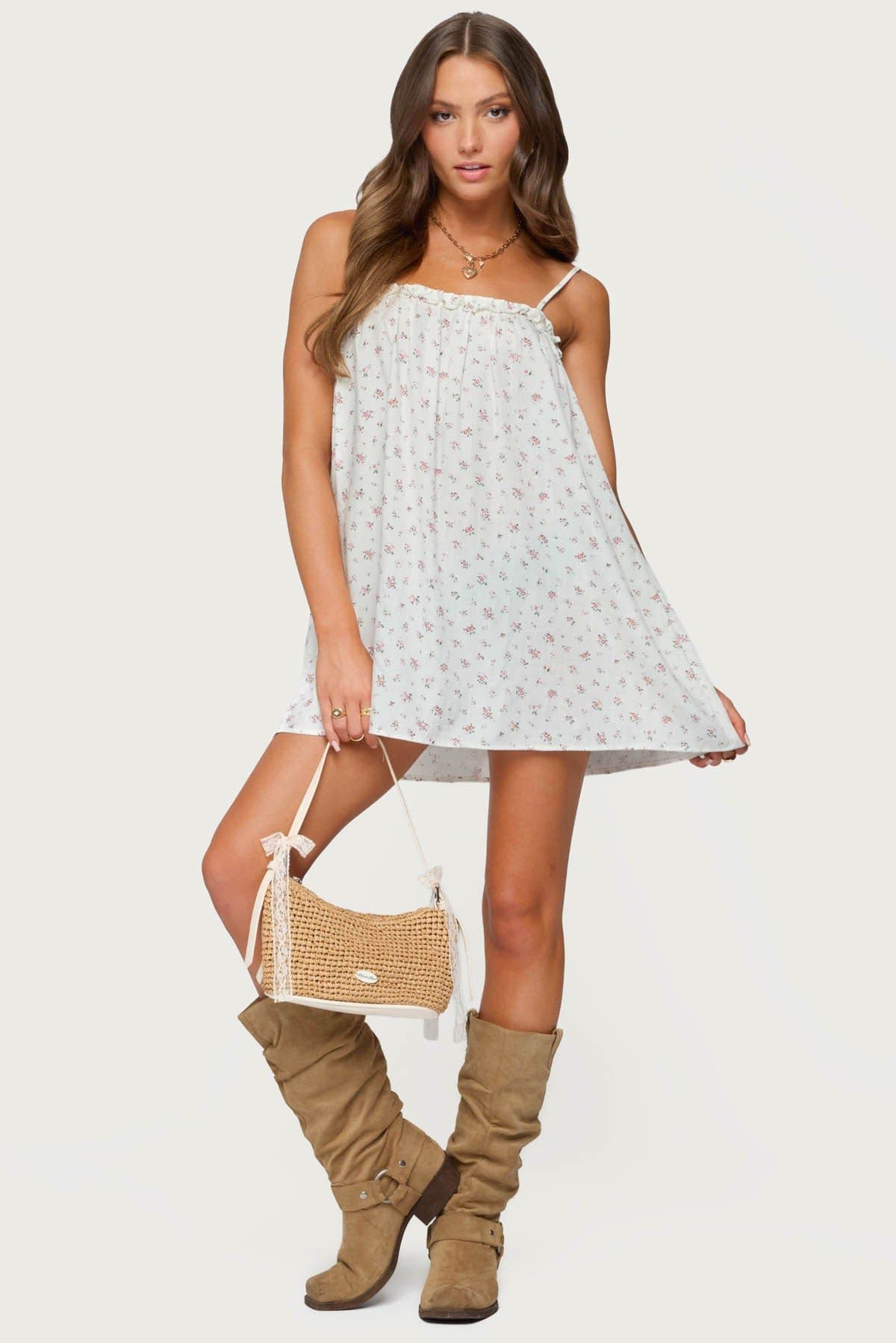 Patti Floral Mini Dress - Adjustable Straps, Loose Fit, Rayon Nylon