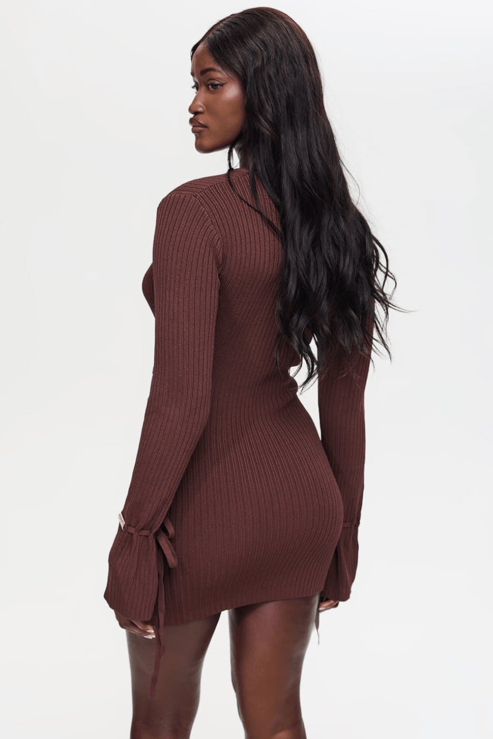 Murci Crystal Mini Bodycon Dress Cocoa Brown Knit Long Sleeve Plunge Neck