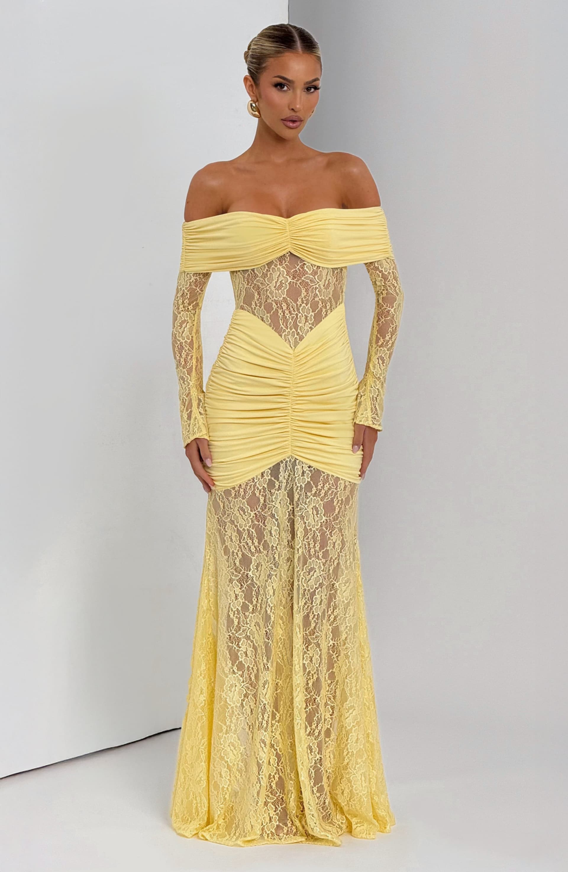 Sauline Maxi Dress in Lemon - Stretch Jersey Floral Lace Long Sleeve